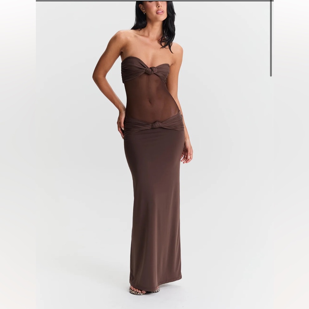 Strapless Brown Sheer Panel Maxi Dress